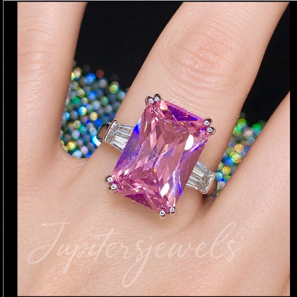 NEW 14K WHITE GOLD SQUARE CUT BAGUETTE EMERALD SIMULATED PINK AMETHYST RING